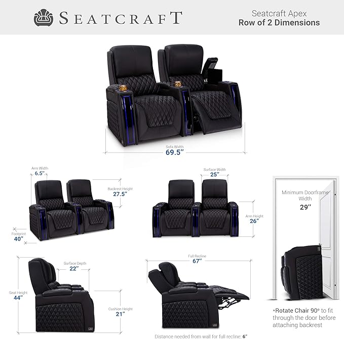 Seatcraft Apex Home Theater Seating - Living Room - Italian Leather - Power Recliner - Power Headrests & Lumbar - LED Armrests - SoundShaker - USB Charging - Cup Holders (Row of 2, Black)