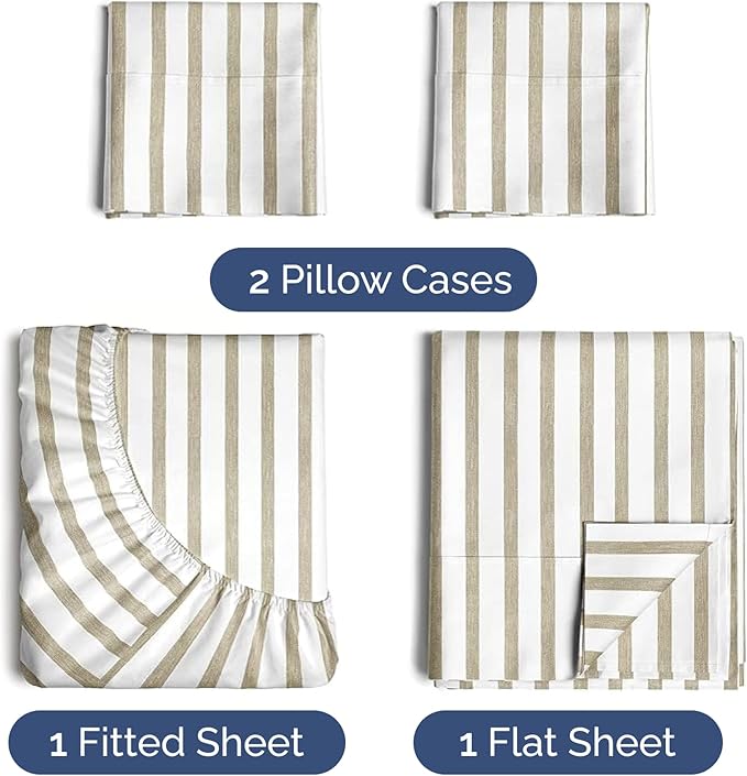 Twin 4 Piece Sheet Set - Cooling & Breathable Bed Sheets - Hotel Luxury Bed Sheets for Women, Men, Kids & Teens - Bedding w/Deep Pockets & Easy Fit - Soft & Wrinkle Free - Twin Beige Stripes Sheets