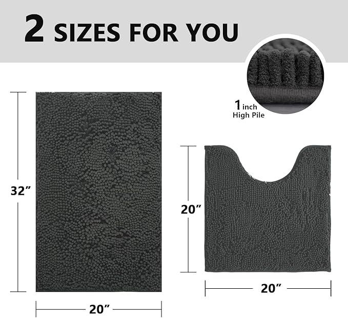 BOANKODU 2-Piece Bath Set, Soft Chenille Bath Mat & U-Shape Rug, Non-Slip, Machine Washable (Grey, 32x20 + 20x20 Inch)