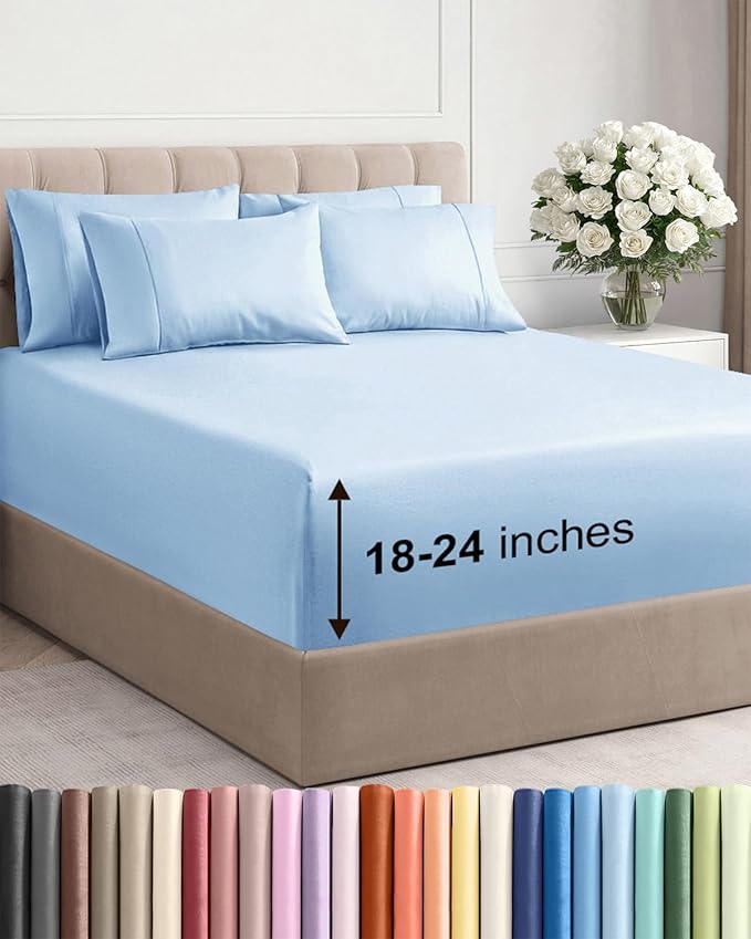 Extra Deep Full Sheet Set - 6 Piece Breathable & Cooling Sheets - Hotel Luxury Bed Sheets Set - Easy & Secure Fit - Soft, Wrinkle Free & Comfy Sheets Set - Light Blue Sheet Set with Extra Deep Pockets