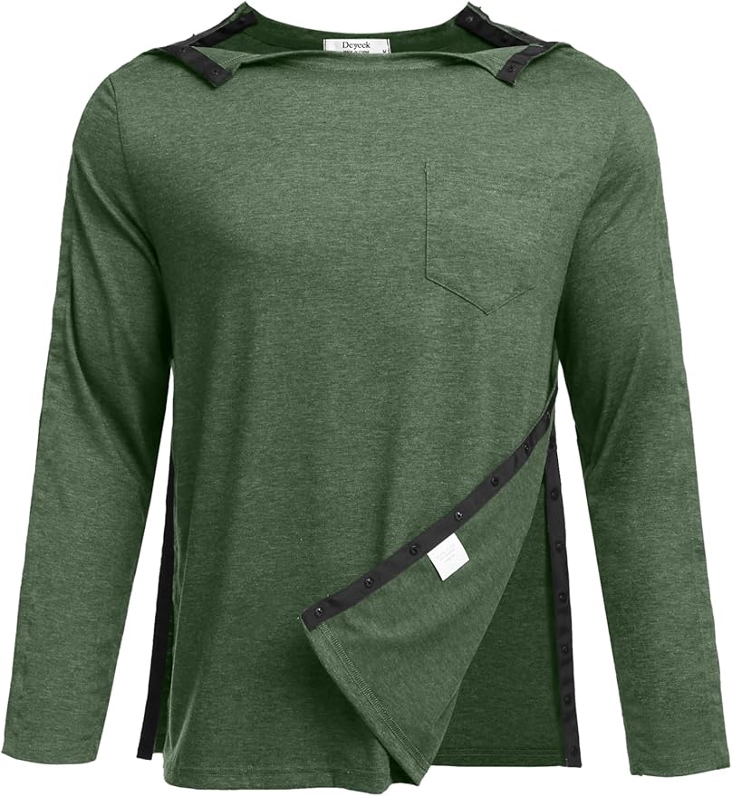 Deyeek Men's Post Shoulder Surgery Recovery Shirts Full Tear Away Long Sleeve Snap Chemo Port Access Shirt
