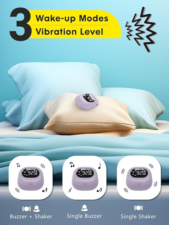 ROCAM Vibrating Alarm Clock for Heavy Sleepers, Rechargeable 3000mah Portable Deaf Clock Bed Shaker for Bedroom Or Dorm, Dual Alarm 160-Day Standby Mini Alarm Clock for Teens, Adults, Purple
