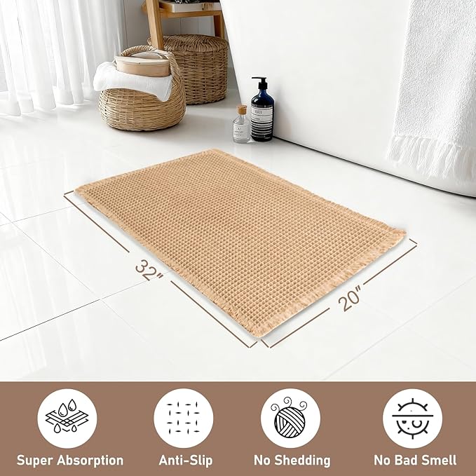 Hiasan Waffle Bath Mat, Super Absorbent Non Slip Bathroom Boho Rug with Tassels, Machine Washable Bath Mats for Bathroom, Ultra Soft Rubber Backed Rug, Brown, 20 x 32 Inches