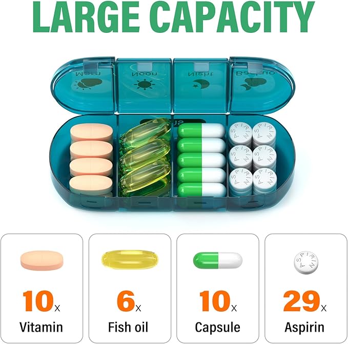 Weekly Pill Organizer 4 Times a Day, 7 Day Pill Box 4X, Portable for Travel Pill Case for Pills/Vitamin/Fish Oil/Medication/Supplements (4x7 Blue)