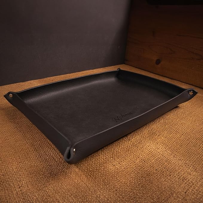 Valet Tray – Full-Grain Leather Catchall Organizer for Keys, Phone & Wallet – Rustic Nightstand & Desk Tray with Raised Sides – Handmade in USA (Black, Large Rectangle)
