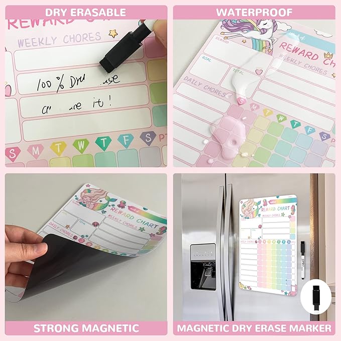 Magnetic Dry Erase Chore Chart for Two Kids, Reward Chart for Kids Behavior. Includes 52 Static Tasks, 126 Golden Stars and Unicorn & Iridescent Mermaid Magnetic Charts Each