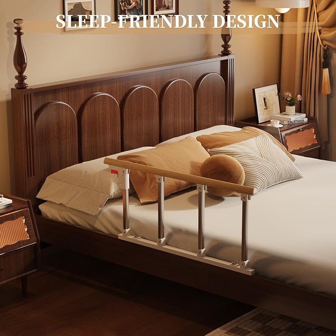 Bed Rails for Elderly Adults Safety, Folding Bedside Assist Rail Handle, Collapsible Bed Fence Preventing Falling for King, Queen, Full, Twin (Wood Color)