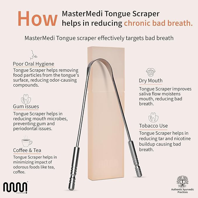 MasterMedi Tongue Scraper for Adults, 100% Stainless Steel Scrubber for Bad Breath, Easy to Use, Tongue Cleaner for Oral Care & Hygiene Set of 3 (with Travel Case)