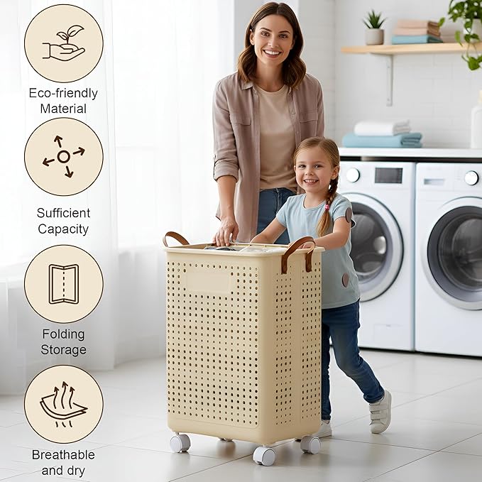 55L Collapsible Laundry Basket with Wheels - Foldable Slim Laundry Hamper for Dorm, Apartments - Portable Clothes Organizer Carts with Wheels, Handles - Collapsible Storage Bins for Clothes, Toys