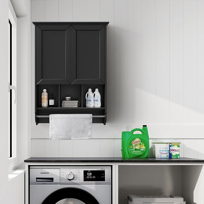 Bathroom Wall Cabinet with Towel Bar,Wooden Medicine Cabinet Adjustable Shelves,23x32 Inch Kitchen Cabinet,Over Toilet Storage Cabinet for Bathroom,Kitchen,Laundry