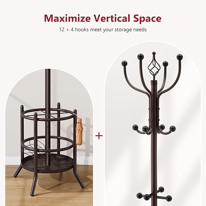 Tajsoon Coat Rack Stand with Umbrella Holder, Coat Tree Freestanding with 16 Hooks, Coat Hangers Stand for Living Room, Bedroom, Office, Brown