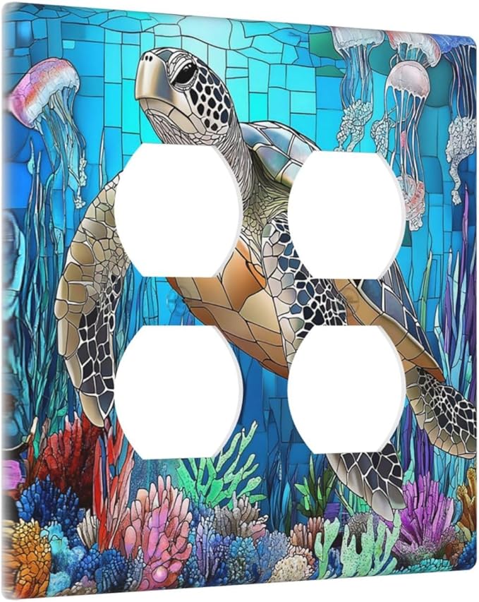 Outlet Covers Nautical Sea Turtle Coral Jellyfish 2 Gang Double Duplex Decorative Light Switch Covers Electrical Wallplates Socket Faceplate For Kids Room Nursery Decor