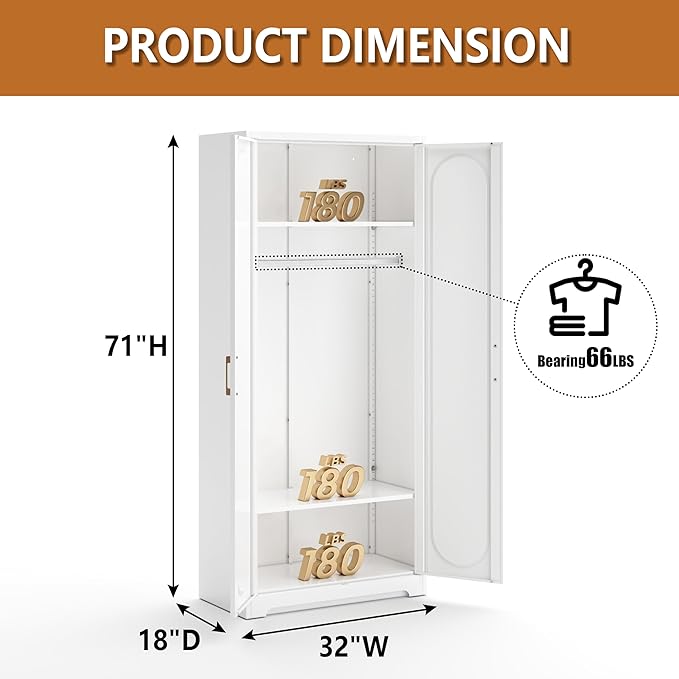 Metal Armoire Wardrobe Closet for Hanging Clothes, 71" Tall Wardrobe Cabinet with Hanging Rod, Large Freestanding Wardrobes Closet with Doors and Shelves for Bedroom, Office, Gym, School, White