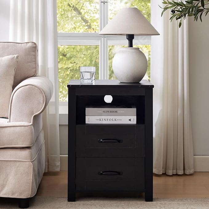Black Rustic Night Stand Set of 2, Farmhouse End Table, Modern Bedside Table with 2 Storage Drawers and Open Shelf, Tall Nightstand for Bedroom