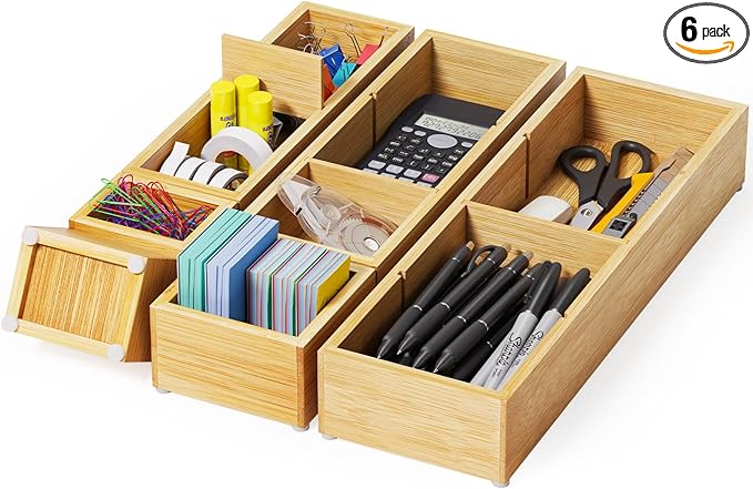 6PCS Desk Drawer Organizer Tray with 12 Compartments – Bamboo Office Storage Boxes Set for Junk Drawer Supplies, Utensils, Cosmetics, Jewelry and More