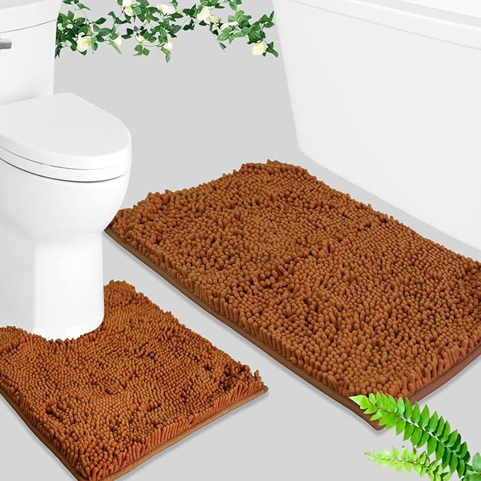 BOANKODU Bathroom Sets - 2 Soft Chenille Bath Mats, Non-Slip, 32x20 + 20x20 Inch U Shape, Machine Washable (Champagne)