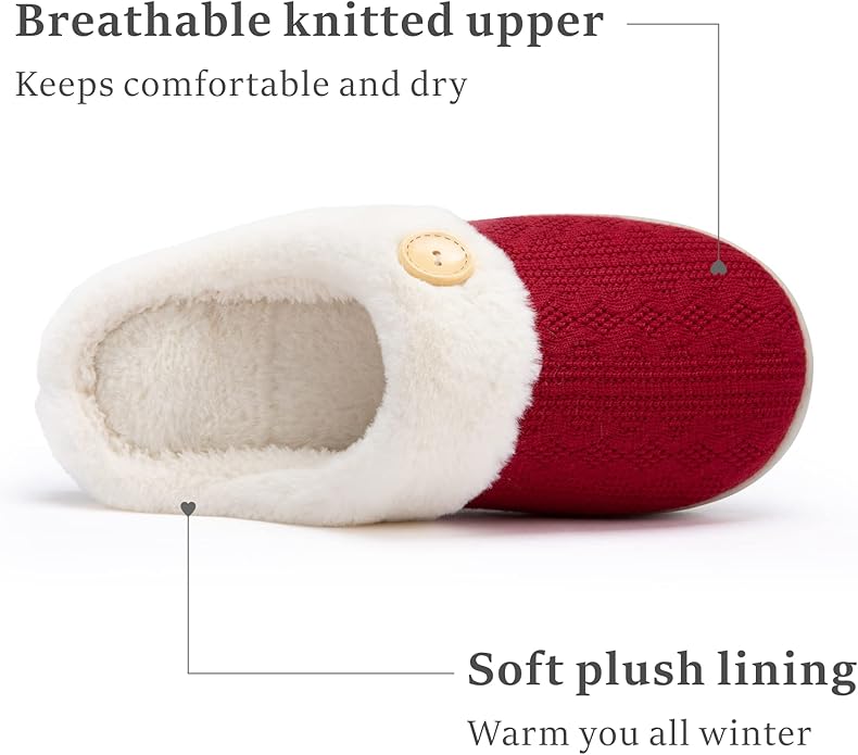 Chantomoo Womens Slipper Warm Comfy Memory Foam House Slippers Knitted Shoes Faux Fur Lined Anti-Skid Rubber Sole Bedroom Cozy Indoor Outdoor Slippers