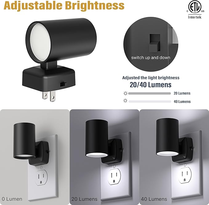 Led Night Light Plug in,Night Lights Plug into Wall Dusk to Dawn Sensor,20lm/40lm Adjustable Brightness,5700k Daylight,Dimmable Night Light for Hallway Bedroom Bathroom 4 Pack ETL-Certified