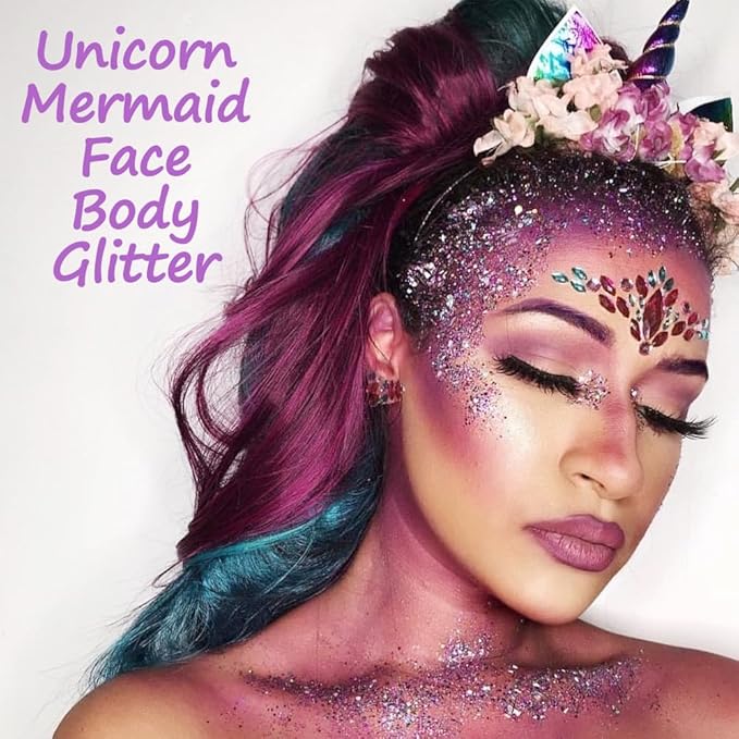 Mysense Purple Body Glitter Stick,Mardi Gras Face Hair Glitter,Festival Concert Rave Outfit Accessories for Women,Mermaid Sequins Chunky Glitter Makeup,0.56oz