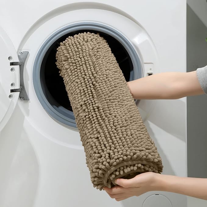 HOMEIDEAS 3 Pieces Bathroom Rugs, Ultra Soft Non Slip Absorbent Chenille Toilet Bath Mat Set (Taupe)