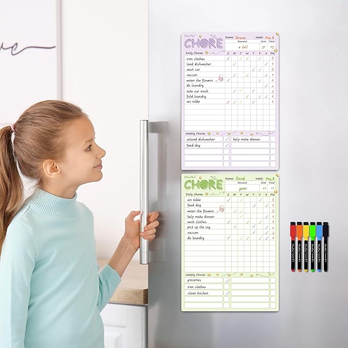 Magnetic Dry Erase Chore Chart - 8.5"x12" Behavior Responsibility Chore Board for Kids, Teenagers - 6 Extra Fine Point Markers Included - Shipped Flat 2 Pcs