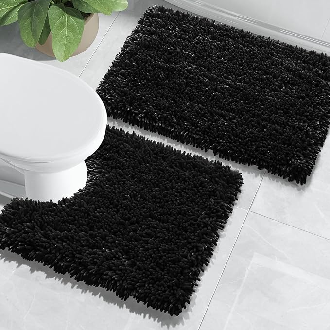 Yimobra Bathroom Rugs Sets 2 Piece, Soft Absorbent Bath Mat and U-Shaped Toilet Rug with Non Slip Backing, Luxury Shaggy Bath Mats for Bathroom, Machine Washable, 24"x17"+24"x20", Black
