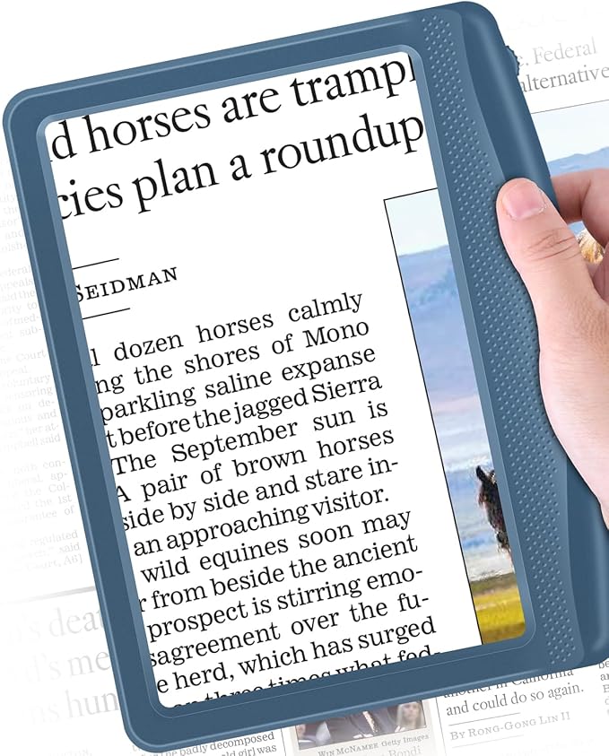 Rechargeable 5X Magnifying Glass for Reading, Large Bright Full Page Magnifier with Light, Handheld LED Dimmable Lighted, Lightweight Book Magnifier for Reading Small Prints Seniors - Blue