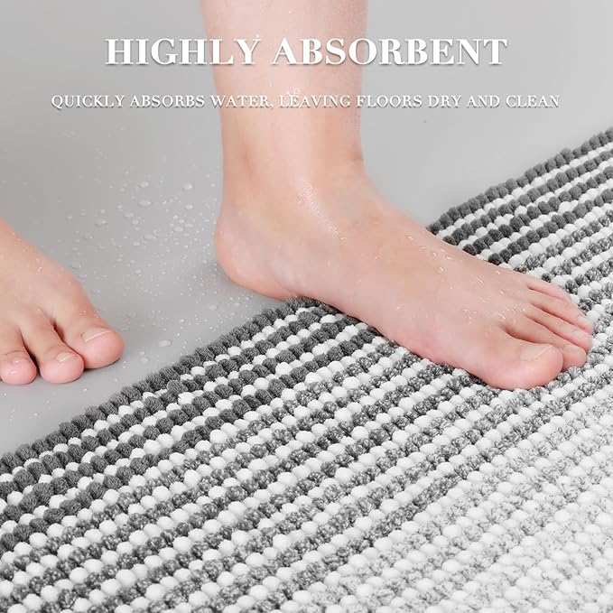BSICPRO Bathroom Rugs Sets 3 Piece, Toilet Rugs U-Shaped Contour Bath Mat Set, Striped Absorbent Non Slip Chenille Shower Mat, Gray