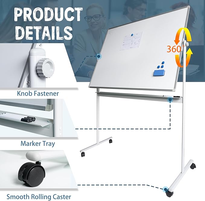 Rolling Whiteboard Magnetic Writeboard 48"x36" Flip Chart with 4 Wheels 2-in-1 Easel-Style Dry Erase Boards 2-in-1 Message Bulletin Board (White)