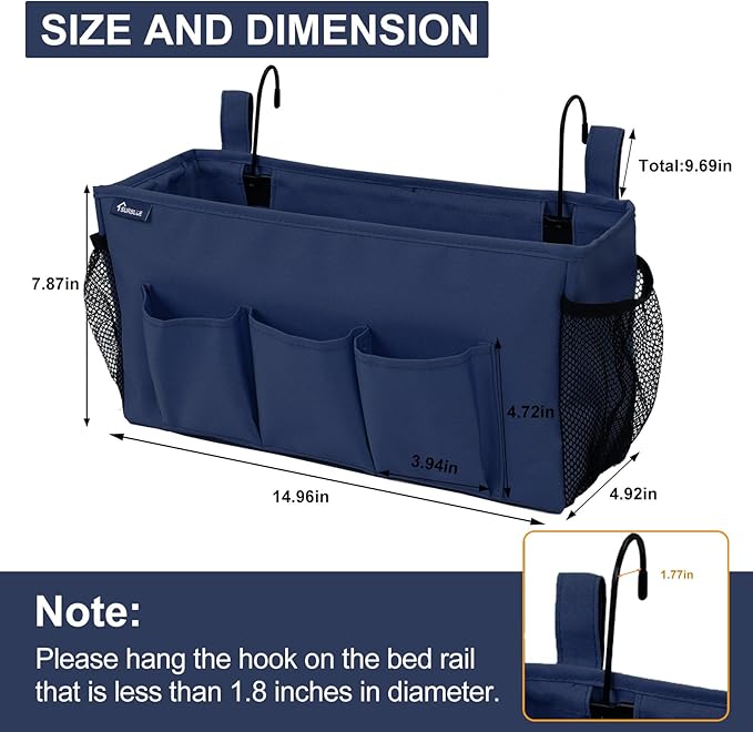Surblue Bedside Organizer with Hook Bedside Caddy Hanging Storage Bag with Adjustable Straps and Water Bottle Holder for Home College Dorm Bunk Bed Accessories, Crib Bed Rails, Hospital Bed，Navy