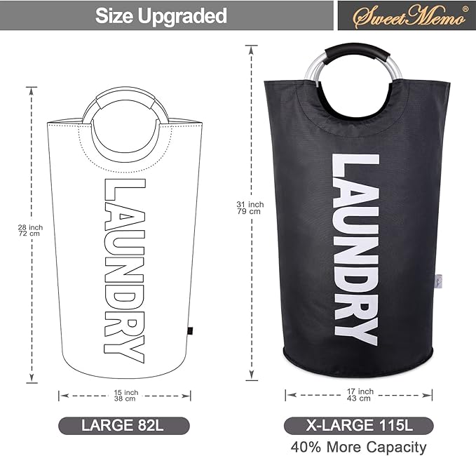 Extra Laundry Basket Large Collapsible Clothes Hamper Bag with Handles – Foldable Freestanding Laundry Sorter for Dirty Clothes in College Dorm, Apartment, or Laundry Room – 115L (Black)