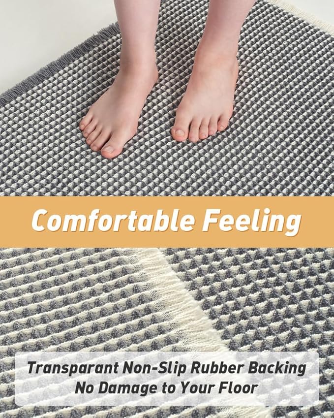 Upgraded Waffle Bath Mat, Super Absorbent Non Slip Bath Mats for Bathroom Floor, Machine Washable Bathroom Rugs with Tassels, Rubber Backed Bathroom Mats, Ultra Soft, 17" x 24",DarkGrey & Cream