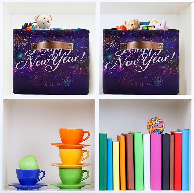 Storage Basket Happy New Year Cube Storage Bins Organizer Bag Collapsible Closet Shelf Baskets with handle for Cloth Book 14.2×10.2×8.3 IN