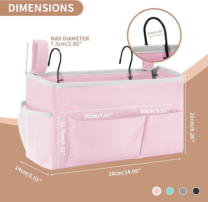 YOUDENOVA Bedside Caddy with 5 Pocket, Bedside Storage Organizer for College, Dorm Bed, Bunk Bed, Pink