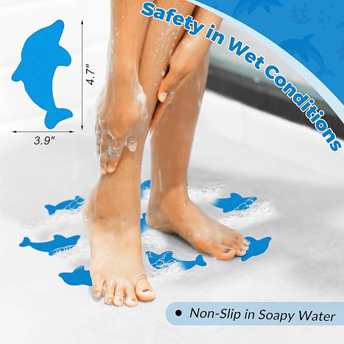 S&X Bathtub Non Slip Stickers,Grippy Dolphin Adhesive Treads – Fine Gritty Textured Surface – Pack of 12 Shower Floor Non Slip Stickers – Comfortable Grip On Slipper Surfaces