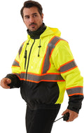 Hi Vis Safety jacket for men,Reflective high Visibility Hooded jacket,Work Bomber Jacket with Pockets and Zipper,Waterproof,ANSI Class 3 Black Bottom Yellow,5XL