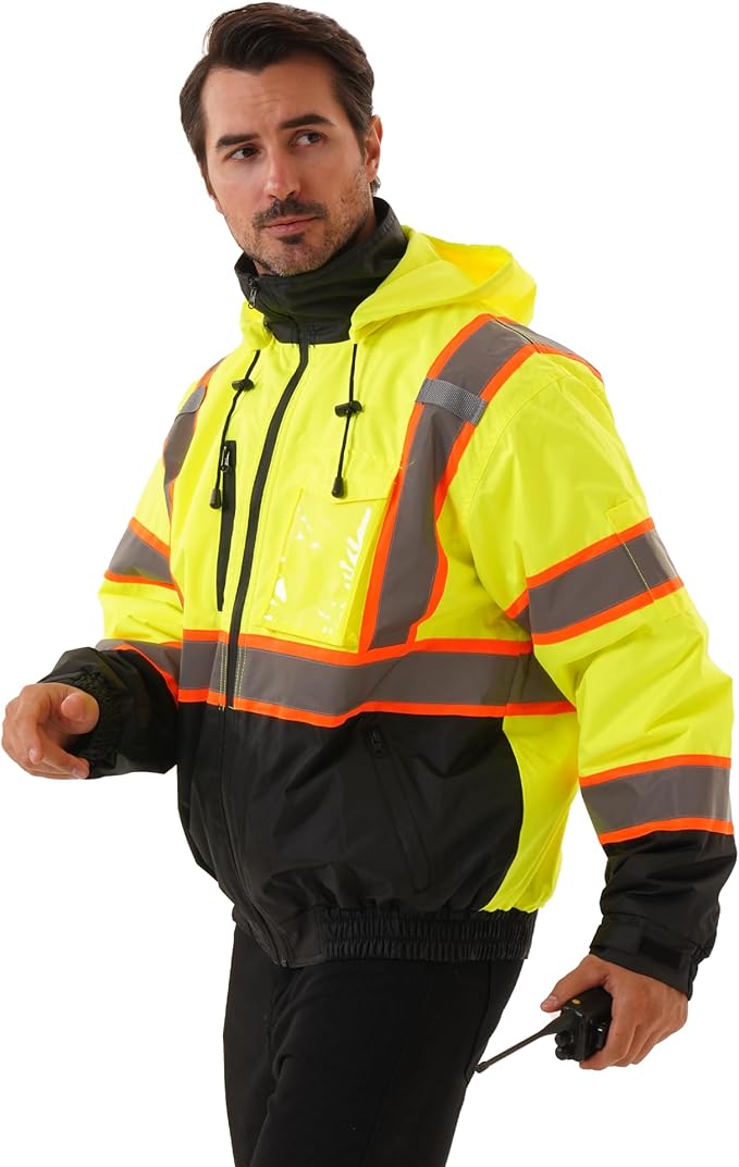 Hi Vis Safety jacket for men,Reflective high Visibility Hooded jacket,Work Bomber Jacket with Pockets and Zipper,Waterproof,ANSI Class 3 Black Bottom Yellow,4XL