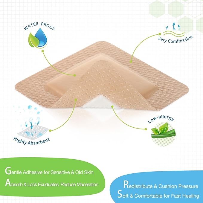 NeuHeils Silicone Foam Dressing with Gentle Border 4''x4'', 40 Pack - High Absorbency Waterproof Wound Bandage for Bed Sores, Leg Ulcers & Surgical Wounds