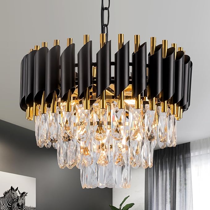 3-Tier Black Gold Crystal Chandelier 5-Light 15’’ Modern Crystal Pendant Chandelier Ceiling Light Fixture Hanging Lighting for Kitchen Island Dining Room Foyer Entryway Bedroom
