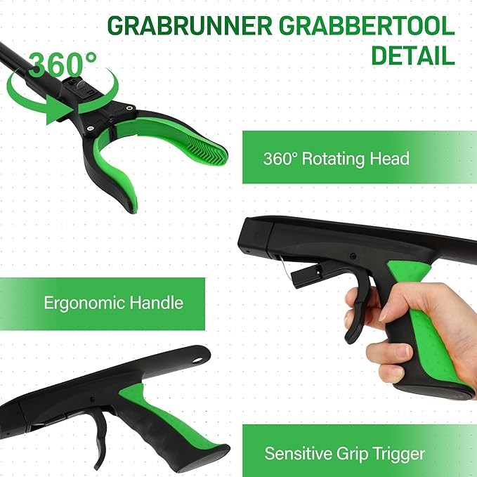 2 Pack 32 inch GrabRunner Folding Reacher Grabber Tool with Strong Magnetic and Swivel Head &Shoehorn (Green Green)