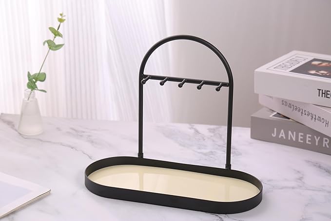 Shinpuru Metal Jewelry Organizer Stand & Key Holder Tray with Acrylic Base, Key Stand and Jewelry Tray with 5 Hooks, Perfect Key Bowl, Valet Tray, Ring Holder, Jewelry Dish (Matt Creamy)