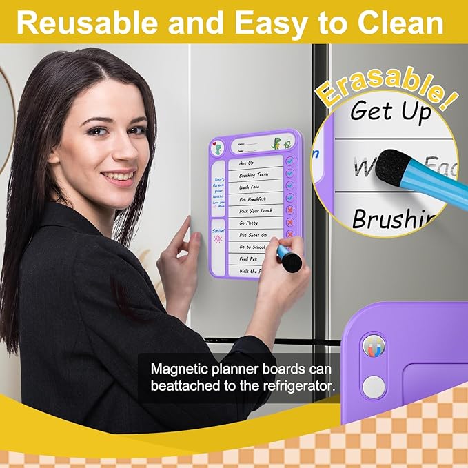 Magnetic Chore Chart for Kids, ADHD Task Tracker Easy-Check Routine Dry Erase Board, to-Do List Planning Tool with Stand for Fridge/Desk/Home/School, 6 Reusable Sheets, 2 Markers Purple