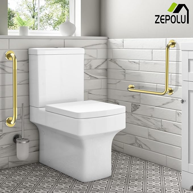 Polished Gold L-Shaped Grab Bar 16x16 Inch + Knurled Shower Grab Rail 20 Inch, Zepolu Stainless Steel Angled Toilet Safety Bar, Bathroom Mobility Aid Handrail, Balance Support Assist Bar for Senior