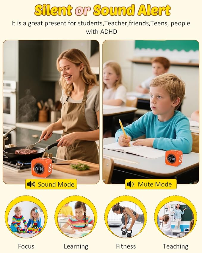 Pomodoro Timer Cube Visual Productivity Flip Timer for Kids Classroom Desk, 5/10/25/50min&Custom Countdown, Silent&Sound Mode Digital Cube for ADHD Study Work School Game Kitchen (Orange)