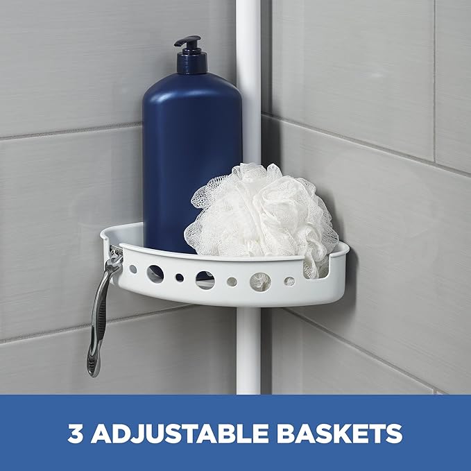 4-Tier Tension Corner Shower Caddy, White Steel Pole, Adjustable 60-96 Inches, 3 Shelves with Deep Basket, Rust-Resistant Finish