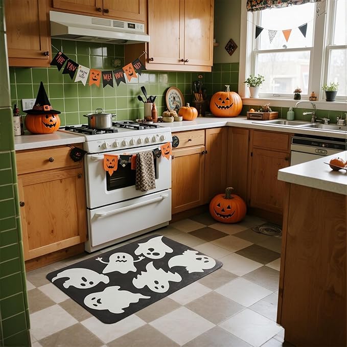 Halloween Bath Mat, Thin Halloween Bathroom Rug Non Slip Quick Dry Ghost Bath Mat Fits Under Door Thin Floor Mat Halloween Decor, 17''x30'', Ghosts Black