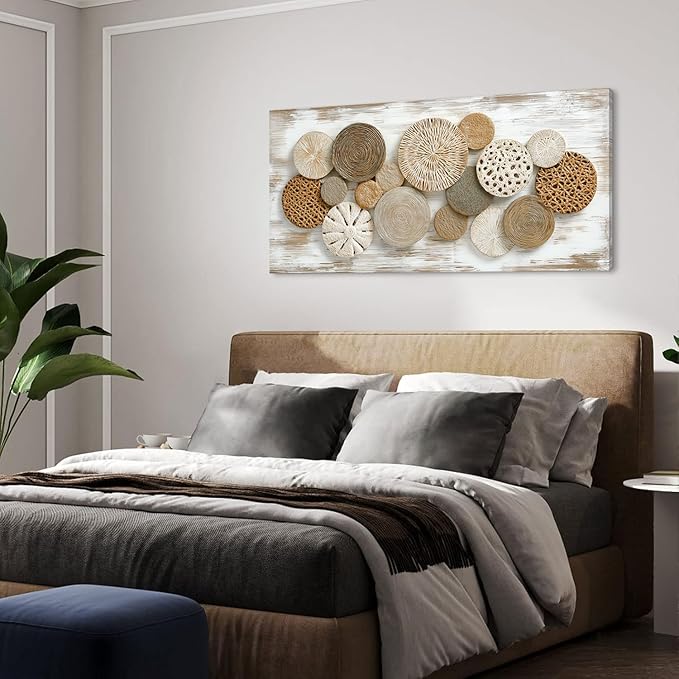 Brown Rattan Plates Canvas Wall Art for Bedroom Painting Prints Beautiful Geometric Radial Geometry White Modern Artwork Office Girls Decor