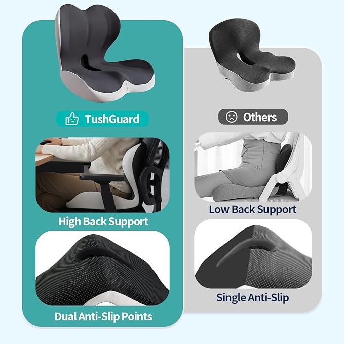 Seat Cushion for Office Chair and Car, Back & Tailbone Pain Relief, Raised Cushion for Back and Butt, Improves Sitting Posture, Ergonomic Memory Foam Lumbar Cushion, Double-Sided Anti-Slip