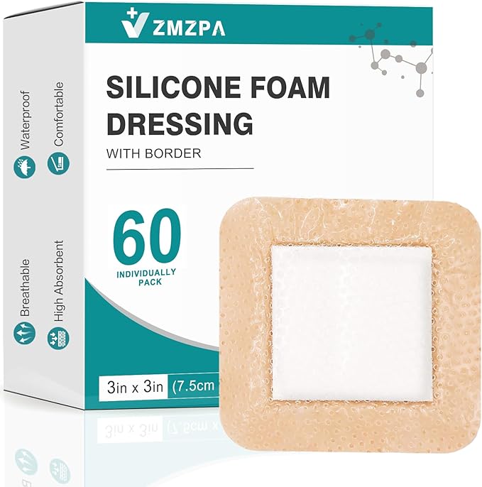 Silicone Foam Dressing 3x3 Gentle Border, Super Absorbent Wound Dressing, Bed Sore Patches, Waterproof Silicone Bandages for Wounds Care, Self Adhesive Pressure Sore Pads (60)