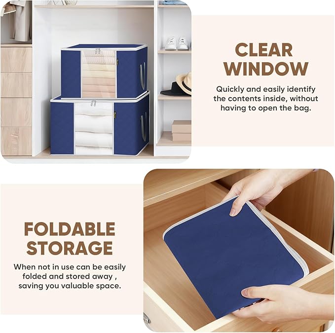 BALEINE 4 Pack Clothes Storage Bags, 24 Gallon Storage Containers with Reinforced Handle, Sturdy Zipper, Closet Organizer for Blanket, Comforter, Pillow, Bedding (Blue, 4 Pack)